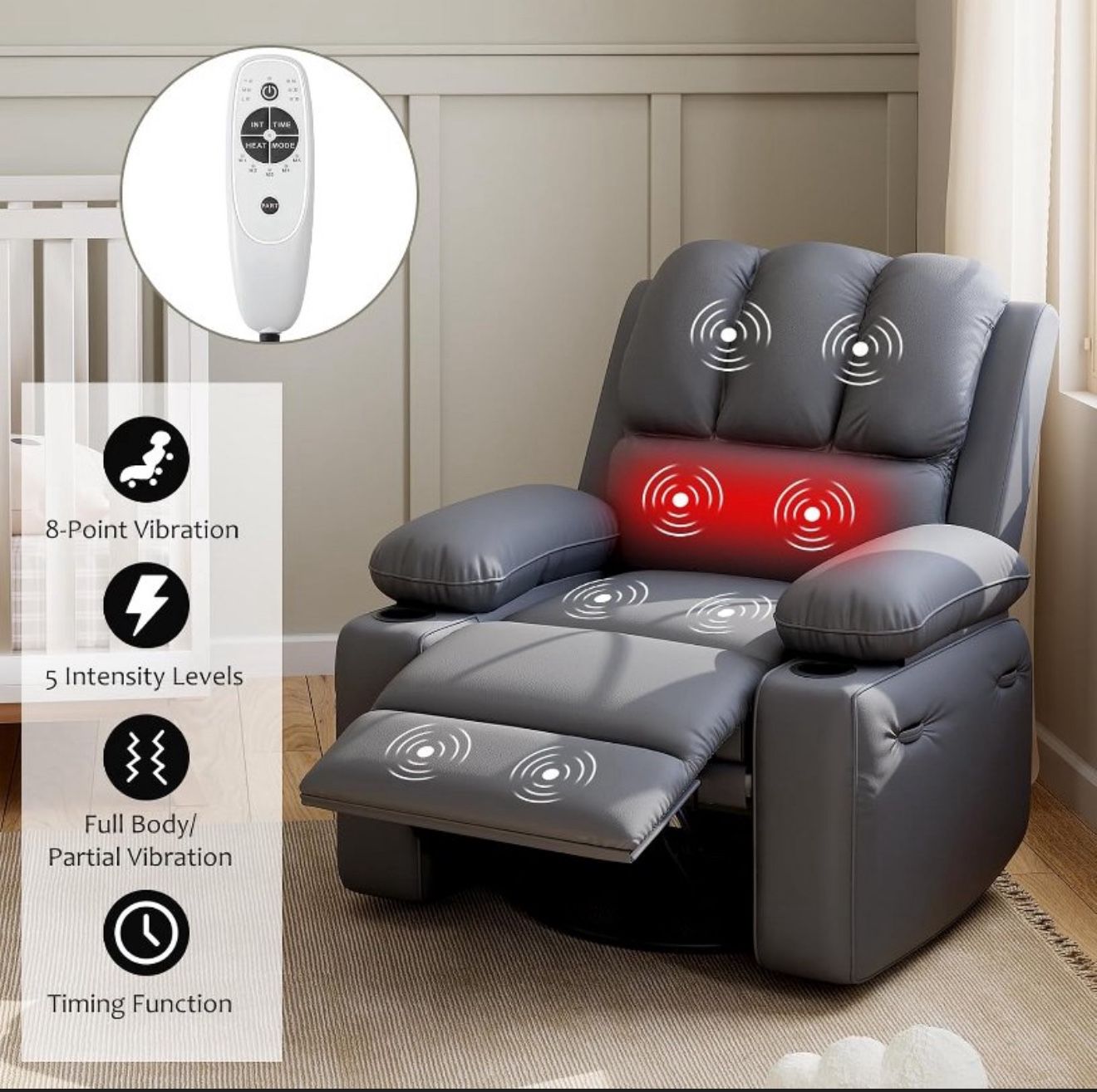 New 22" Leather Recliner Massage Chair for Adults,360° swivel manual rocking chair with remote, ideal for living rooms, bedrooms, and nurseries.