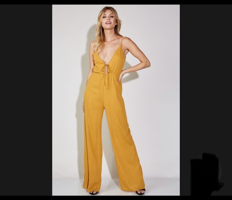 Small Yellow Spaghetti Strap Wideleg Jumpsuit