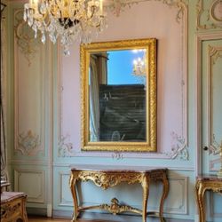 French Louis XV Style Foliate Gold Frame & Beveled Glass Wall Mirror - 30"x42"