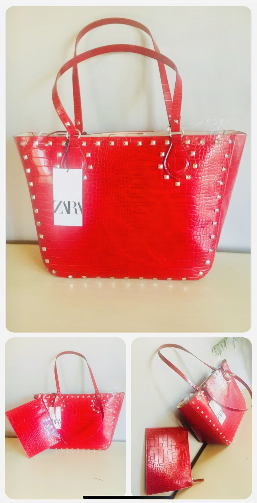 Valentino Red Patent Leather Rockstud Double Handle Tote Bag