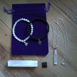 Black Tourmaline & Selenite Crystal Jewelry Set Cleansing & Protection Gift Set Handmade Reiki Healing 