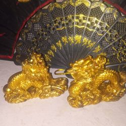 2 Golden vintage Dragons And A Dragon Embroidered Oriental Fan