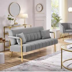 56.5" W Modern Sofa Small Sofa Luxurious Velvet Fabric Couch with Gold-Tone Metal Arms and Legs for Living Room, Home Office, Studio Light Gray