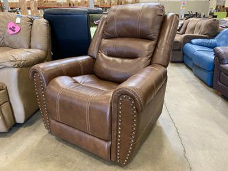 FLEXSTEEL Brown Leather Contrast Stitch Power Lift Recliner with Adjustable Headrest and Lumbar