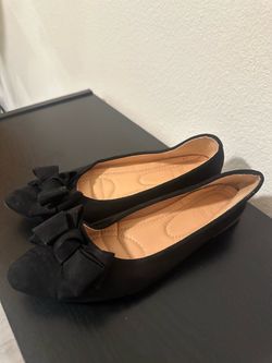 Black Suede-Style Bow Ballet Flats – Women’s 9