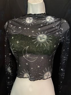 Long Sleeve See Thru Crop Top: moon sun stars
