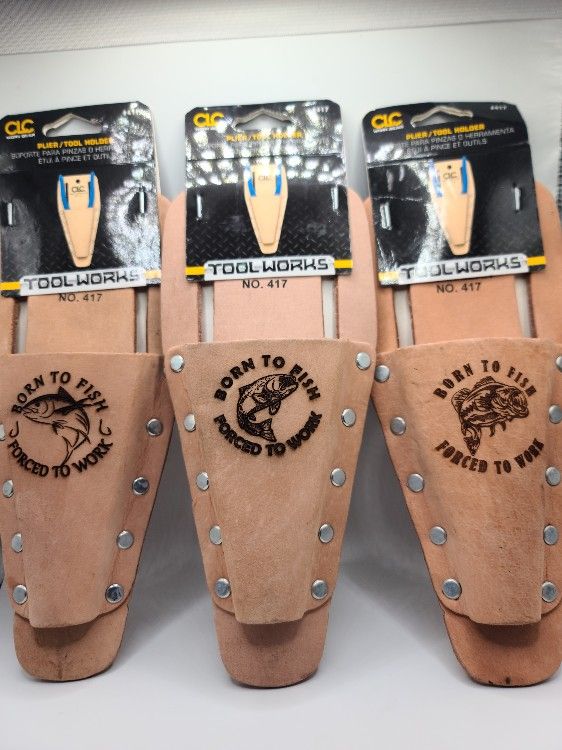 CLC LEATHER FISHING PLIER HOLSTER LASER ETCHED TUNA BORN TO FISH FORCED TO WORK