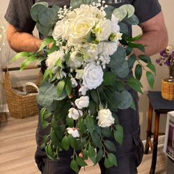 Bride Large Cascading White And Greenery Wedding Bouquet, NEW