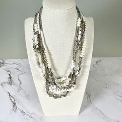 Vintage CHICO'S Multi-Strand 17" Necklace Faux Howlite White Silver & Clear Bead