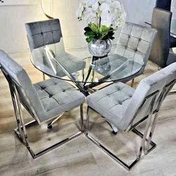 dining table round 46" set with 4 silver velvet chairs