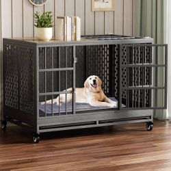 Heavy Duty Dog Crate with Wheels, Folding Metal Big Dog Cage for Large and Medium Dogs, Extra Large XL XXL Indestructible Dog Crate with Removable Tra
