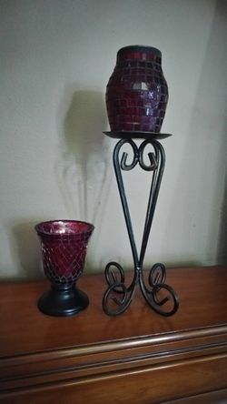 Two red mosaic glass candle holders
