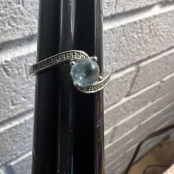 Silver Marked Aquamarine Diamond Chip Ladies Ring