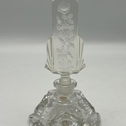 Vintage Czechoslovakia Art Deco Crystal Perfume Bottle W/Floral Etched Stopper 