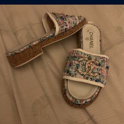 Designer Sandals Cc  37 7 Tweed Multicolor Wedges Platform