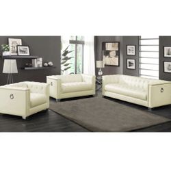 Pearl White Leatherette With Chrome Legs And Accents Tufted 3 Piece Set Brand New In Box Firm Price $1,760