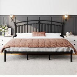 Feonase King Size Bed Frame with Headboard, Heavy-Duty Metal Black Bed Frame with 13 Hardened Steel Slats, 12" Under-Beds Storage, Noise-Free, Easy As