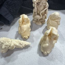 Vintage Chinese, set of 5, Hand Carved Resin "Fu Lu Shou" Fiqurines