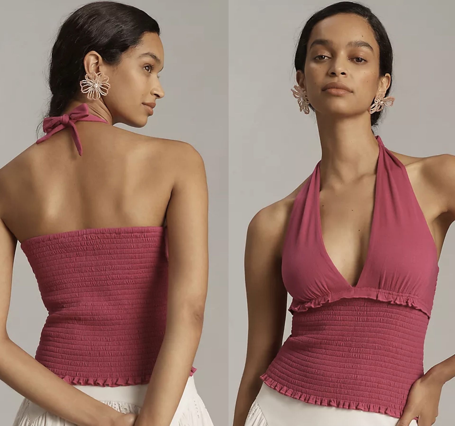 NWT $68 Anthropologie Raspberry The Danika Smocked Halter Tie Neck Tank Top XL