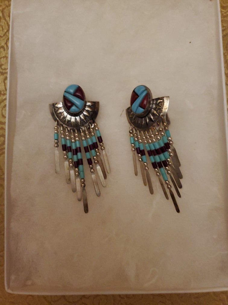 Turquoise and Corel Concho Earrings