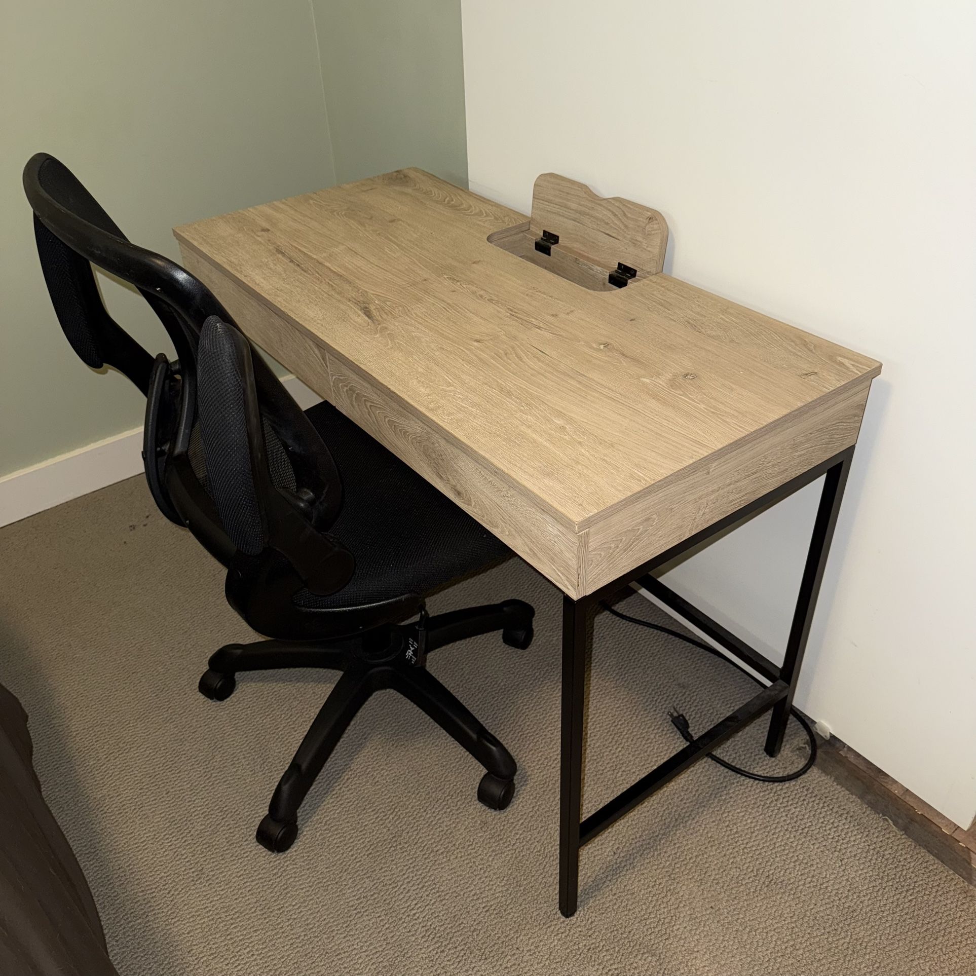 Wooden Desk w/ Power Outlets and Office Chair