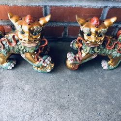  19th Century Large Polychrome Chinese Foo Dog Statues, Pair