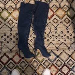 Denim Knee High Open Toe Heels Sz 10