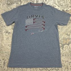 Orvis Men's Size M T-shirt Fishing Pole Flag Shirt Blue Fisherman Americana