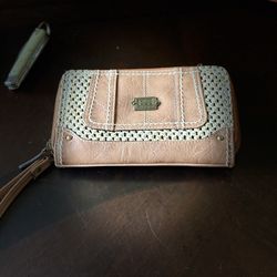 b.ø.c. Born Concept Cognac Faux Leather & Woven Straw Zip-Around Wristlet Wallet