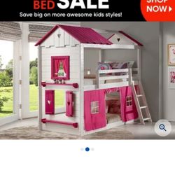 Heartbeat Cottage White Twin/Twin Bunk Bed with Pink Fabric