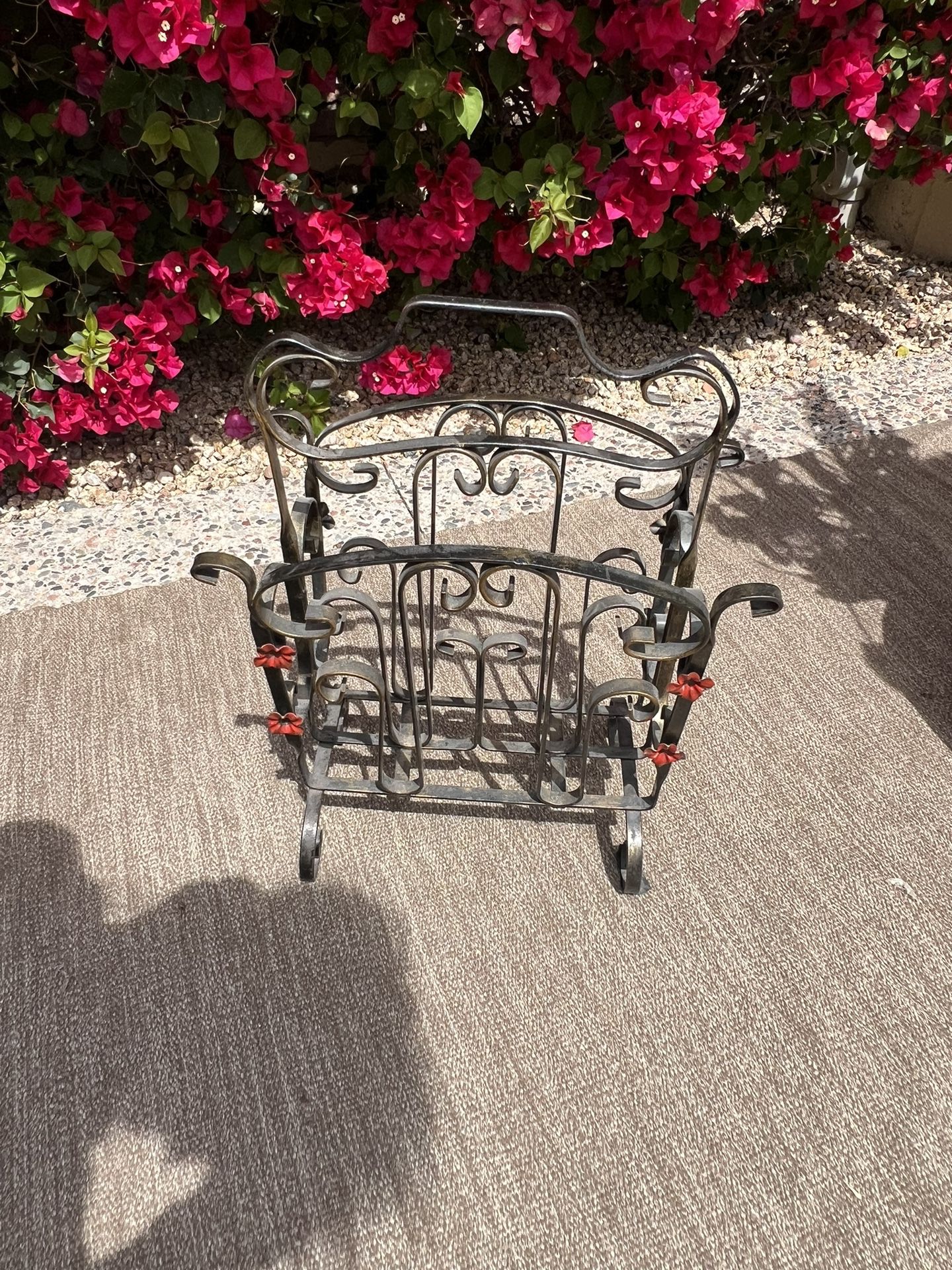 Vintage Magazine/ Book Rack, Black With Brushed Gold And Red Floral Accents. dimensions:  H Approx.  20”  W Approx.  16”  About 8”