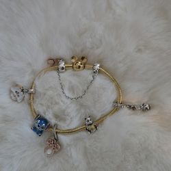Pandora Gold plated bracelet Mickey mouse Olaf and Stitch safety chain full set