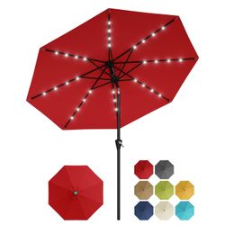 10FT Red Solar Patio Umbrella with 32 LED Lights – UV Resistant, Waterproof Vented Canopy, Tilt, Crank Lift, 8 Sturdy Ribs, for Garden, Poolside, Deck