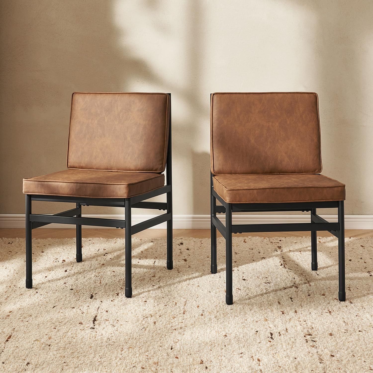 mopio Odelia Brown Faux Leather Dining Chairs Set of 2, Modern Kitchen Chairs with Removable Cushion Covers and Black Rust-Free Metal Legs (Set of 2,