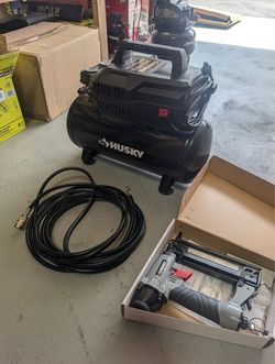 Husky 4 Gal. 175 PSI Electric Oil-Free Air Compressor with 25 ft. PVC Air Hose and 2-in-1 Brad Nailer/Stapler