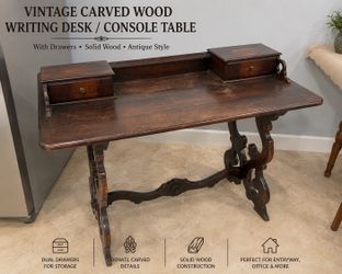 Vintage Carved Wood Writing Desk / Console Table