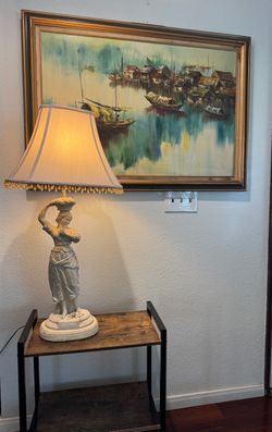 Vintage Chalkware Figural Table Lamp with Beaded Shade