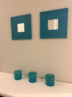 Teal Square Wall Mirrors and Glass Votive Holders Set