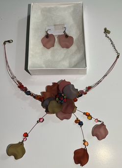Authentic Signed "You and I" Whimsical Autumn Earth-Tone Floral Statement Necklace & Earrings Set
