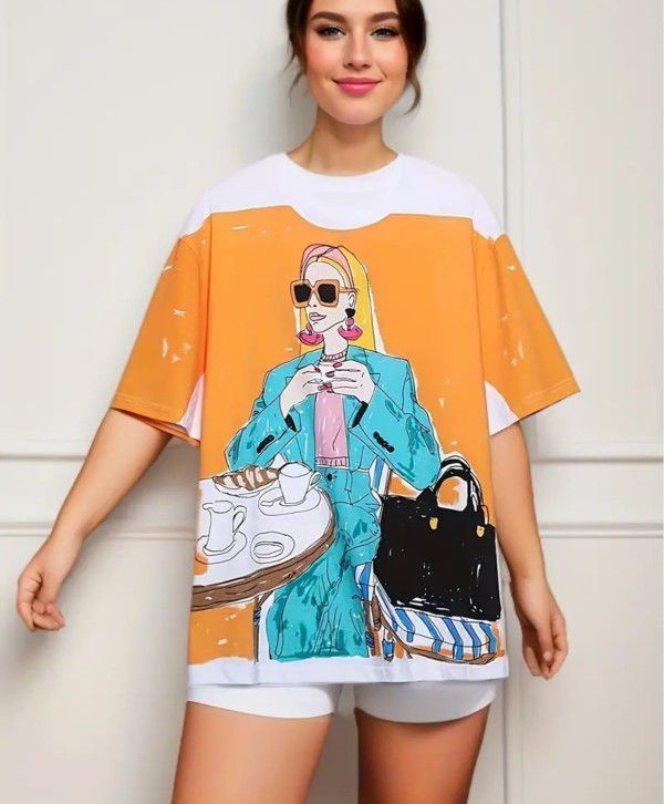 Chic & Trendy Graphic Print Color-Block Crew Neck Short Sleeves Female Summer T-Shirt