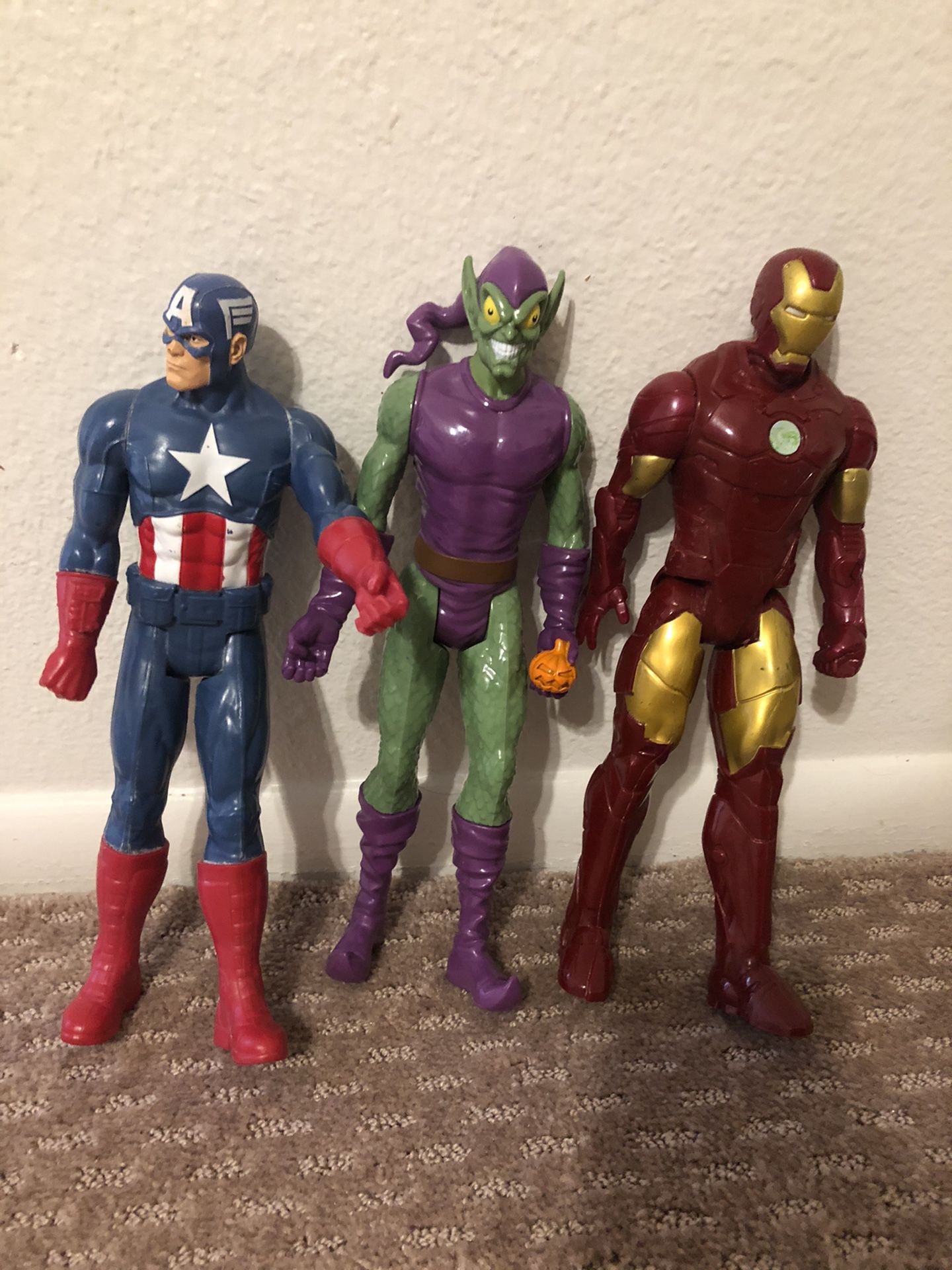 Marvel Figurines, Captain America, Green Goblin, and Iron Man