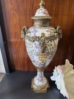 Large Porcelain Urn Vase with Brass Mounts