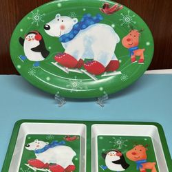 Festive Bear and penguin pattern Holiday Party Platter Set