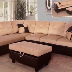 Beige Cream Microfiber Sectional Couch And Ottoman 