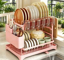2-Tier Pink Dish Drying Rack with Drainboard