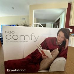 Brookstone NAP Comfy Blanket Satin Trim + Sleeves Cranberry Red  58” X 75” New