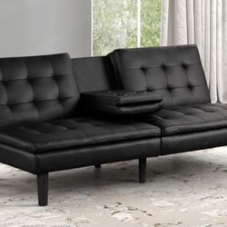 Brand New Black Leather Futon Sofa Sleeper w Cup Holders 