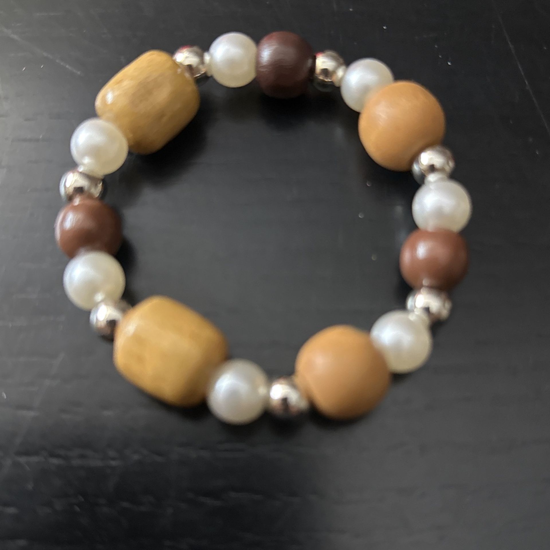 Light And Dark Wood Bead With Silver And Pearl Bead Bracelet