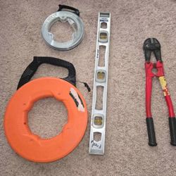 fish tape, level, and cutter