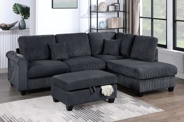 🎲 Black Corduroy Fabric, Sectional Sofa with USB Plugs, New in the Box.